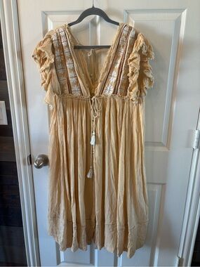 Free People Boho Embroidered Tassel Cottagecore Festival Midi Dress, Mustard, XS